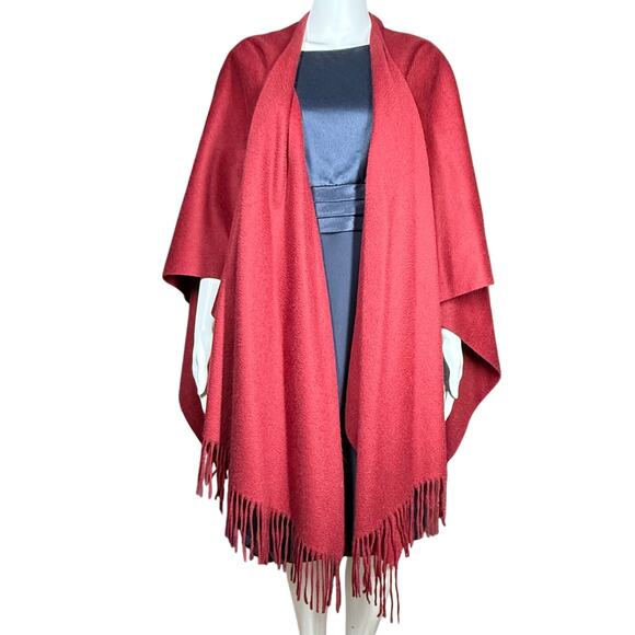 Brooks Brothers Dark Deep Maroon Fringe 100% Cashmere Ruana Wrap Poncho Shawl